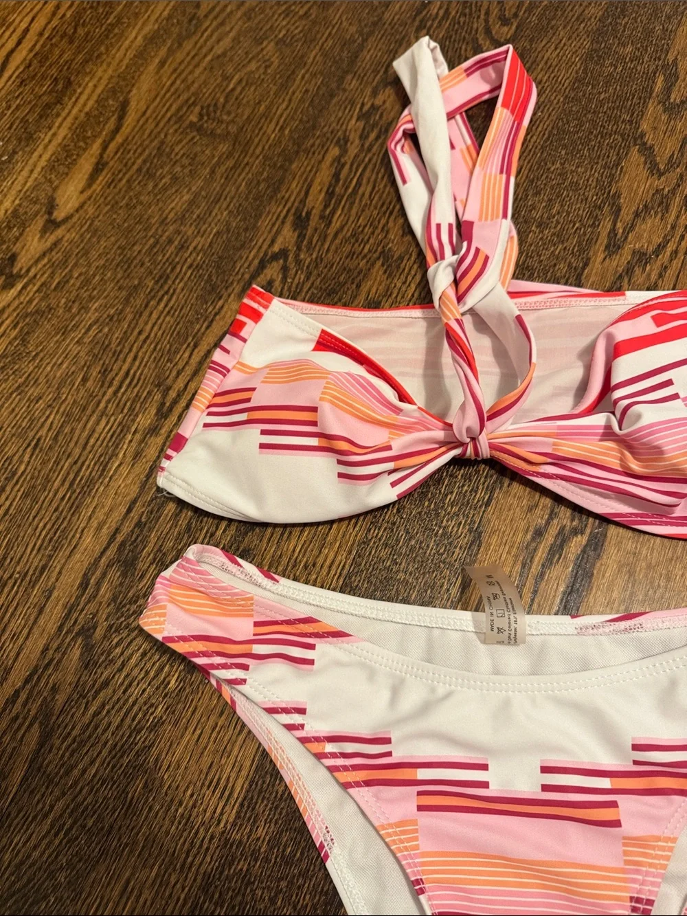 SHEIN Pink and Coral Striped Tie-Front Bikini